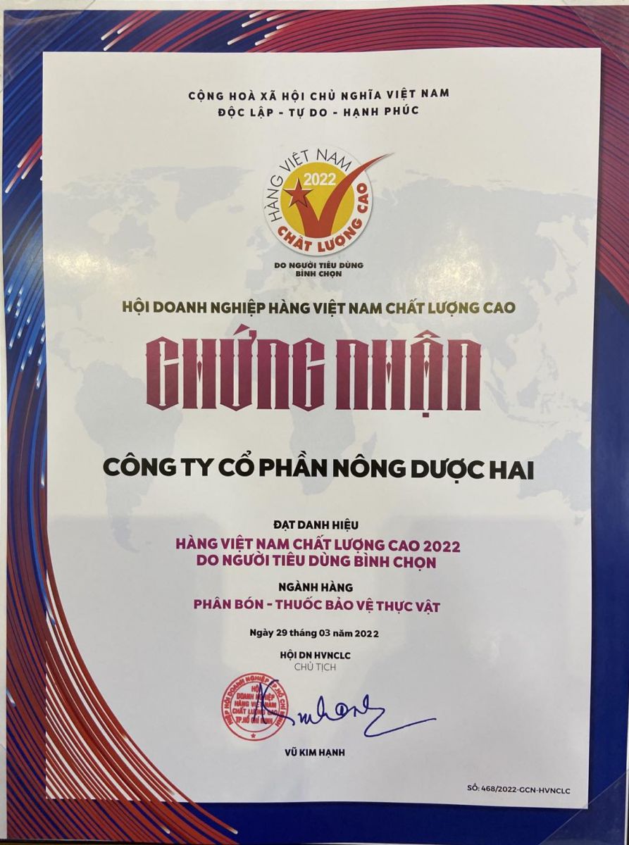 NÔNG DƯỢC HAI - ĐẠT DANH HIỆU HÀNG VIỆT NAM CHẤT LƯỢNG CAO NĂM 2022