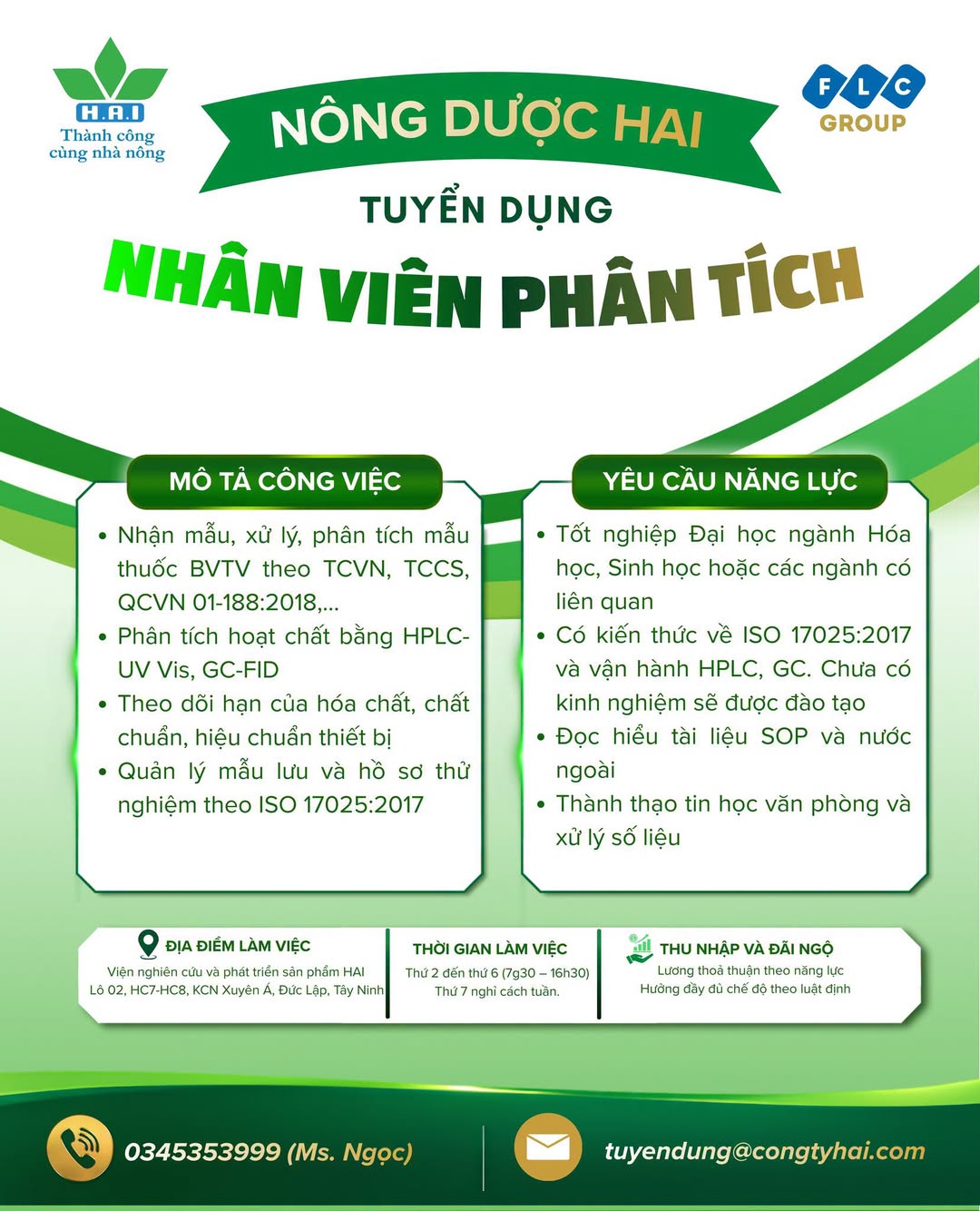 ỨNG TUYỂN NGAY VỊ TRÍ NHÂN VIÊN PHÂN TÍCH TẠI NÔNG DƯỢC HAI